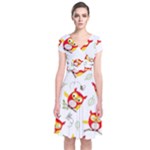 Seamless Pattern Vector Owl Cartoon With Bugs Short Sleeve Front Wrap Dress