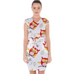 Seamless Pattern Vector Owl Cartoon With Bugs Capsleeve Drawstring Dress 
