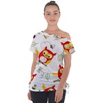 Seamless Pattern Vector Owl Cartoon With Bugs Off Shoulder Tie-Up T-Shirt