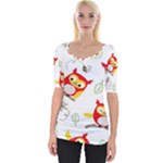 Seamless Pattern Vector Owl Cartoon With Bugs Wide Neckline T-Shirt