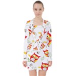 Seamless Pattern Vector Owl Cartoon With Bugs V-neck Bodycon Long Sleeve Dress