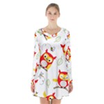 Seamless Pattern Vector Owl Cartoon With Bugs Long Sleeve Velvet V-neck Dress
