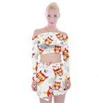 Seamless Pattern Vector Owl Cartoon With Bugs Off Shoulder Top with Mini Skirt Set