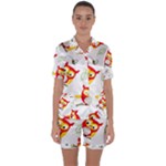 Seamless Pattern Vector Owl Cartoon With Bugs Satin Short Sleeve Pajamas Set