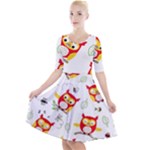 Seamless Pattern Vector Owl Cartoon With Bugs Quarter Sleeve A-Line Dress