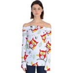 Seamless Pattern Vector Owl Cartoon With Bugs Off Shoulder Long Sleeve Top