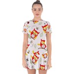 Seamless Pattern Vector Owl Cartoon With Bugs Drop Hem Mini Chiffon Dress