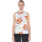Seamless Pattern Vector Owl Cartoon With Bugs Mock Neck Shell Top