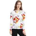 Seamless Pattern Vector Owl Cartoon With Bugs Women s Long Sleeve Rash Guard