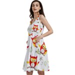 Seamless Pattern Vector Owl Cartoon With Bugs Sleeveless V-Neck Skater Dress with Pockets