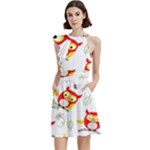 Seamless Pattern Vector Owl Cartoon With Bugs Cocktail Party Halter Sleeveless Dress With Pockets