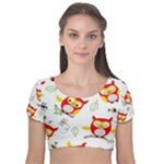 Seamless Pattern Vector Owl Cartoon With Bugs Velvet Short Sleeve Crop Top 