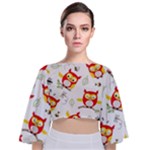 Seamless Pattern Vector Owl Cartoon With Bugs Tie Back Butterfly Sleeve Chiffon Top