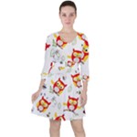 Seamless Pattern Vector Owl Cartoon With Bugs Quarter Sleeve Ruffle Waist Dress