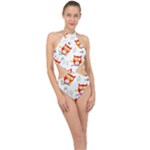 Seamless Pattern Vector Owl Cartoon With Bugs Halter Side Cut Swimsuit