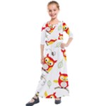 Seamless Pattern Vector Owl Cartoon With Bugs Kids  Quarter Sleeve Maxi Dress