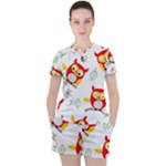 Seamless Pattern Vector Owl Cartoon With Bugs Women s T-Shirt and Shorts Set