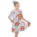 Seamless Pattern Vector Owl Cartoon With Bugs Kids  Shoulder Cutout Chiffon Dress