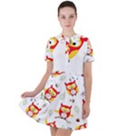Seamless Pattern Vector Owl Cartoon With Bugs Short Sleeve Shoulder Cut Out Dress 