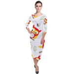 Seamless Pattern Vector Owl Cartoon With Bugs Quarter Sleeve Midi Velour Bodycon Dress