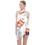 Seamless Pattern Vector Owl Cartoon With Bugs Halter Asymmetric Satin Top