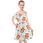 Seamless Pattern Vector Owl Cartoon With Bugs Kids  Cut Out Shoulders Chiffon Dress
