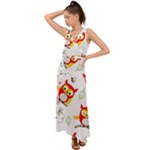 Seamless Pattern Vector Owl Cartoon With Bugs V-Neck Chiffon Maxi Dress