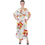Seamless Pattern Vector Owl Cartoon With Bugs V-Neck Boho Style Maxi Dress