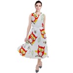 Seamless Pattern Vector Owl Cartoon With Bugs Round Neck Boho Dress