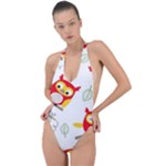 Seamless Pattern Vector Owl Cartoon With Bugs Backless Halter One Piece Swimsuit