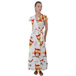 Seamless Pattern Vector Owl Cartoon With Bugs Flutter Sleeve Maxi Dress