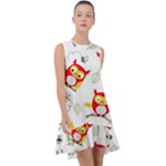 Seamless Pattern Vector Owl Cartoon With Bugs Frill Swing Dress