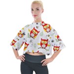 Seamless Pattern Vector Owl Cartoon With Bugs Mock Neck T-Shirt
