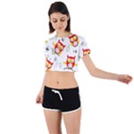 Seamless Pattern Vector Owl Cartoon With Bugs Tie Back Short Sleeve Crop T-Shirt