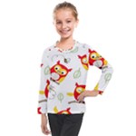 Seamless Pattern Vector Owl Cartoon With Bugs Kids  Long Mesh T-Shirt