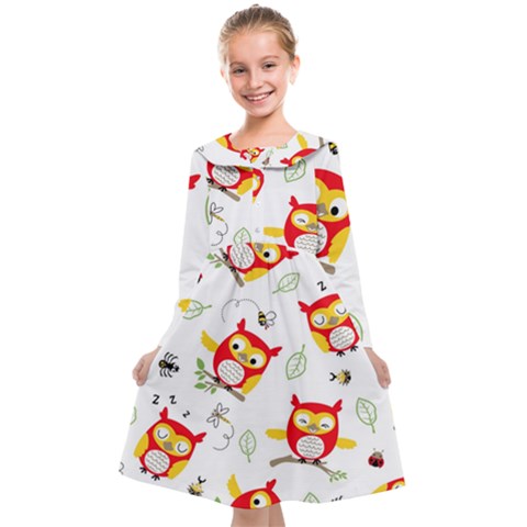 Seamless Pattern Vector Owl Cartoon With Bugs Kids  Midi Sailor Dress from ArtsNow.com