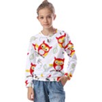 Seamless Pattern Vector Owl Cartoon With Bugs Kids  Long Sleeve T-Shirt with Frill 