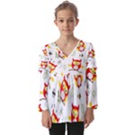 Seamless Pattern Vector Owl Cartoon With Bugs Kids  V Neck Casual Top