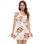 Seamless Pattern Vector Owl Cartoon With Bugs V-Neck High Waist Chiffon Mini Dress