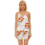 Seamless Pattern Vector Owl Cartoon With Bugs V-Neck Satin Pajamas Set