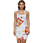 Seamless Pattern Vector Owl Cartoon With Bugs Sleeveless Wide Square Neckline Ruched Bodycon Dress