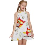 Seamless Pattern Vector Owl Cartoon With Bugs Kids  Halter Collar Waist Tie Chiffon Dress