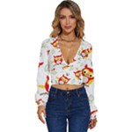 Seamless Pattern Vector Owl Cartoon With Bugs Long Sleeve Deep-V Velour Top