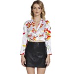 Seamless Pattern Vector Owl Cartoon With Bugs Long Sleeve Tie Back Satin Wrap Top