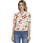 Seamless Pattern Vector Owl Cartoon With Bugs Puffed Short Sleeve Button Up Jacket