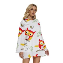 Round Neck Long Sleeve Bohemian Style Chiffon Mini Dress 