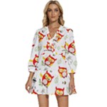 Seamless Pattern Vector Owl Cartoon With Bugs V-Neck Placket Mini Dress