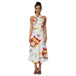 Seamless Pattern Vector Owl Cartoon With Bugs Sleeveless Cross Front Cocktail Midi Chiffon Dress