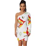 Seamless Pattern Vector Owl Cartoon With Bugs Long Sleeve One Shoulder Mini Dress