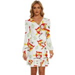 Seamless Pattern Vector Owl Cartoon With Bugs Long Sleeve Waist Tie Ruffle Velvet Dress